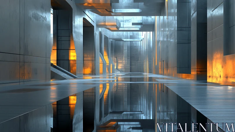 Modern Architecture Corridor with Reflective Floor and Golden Light.