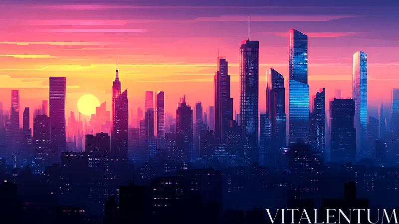 Neon sunset skyline glows above a futuristic cityscape.