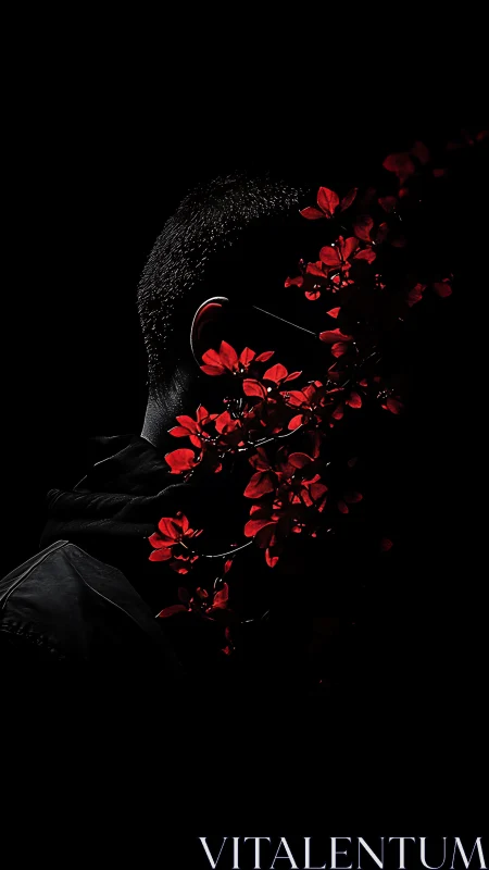 Low-key portrait with scarlet florals in chiaroscuro contrast.