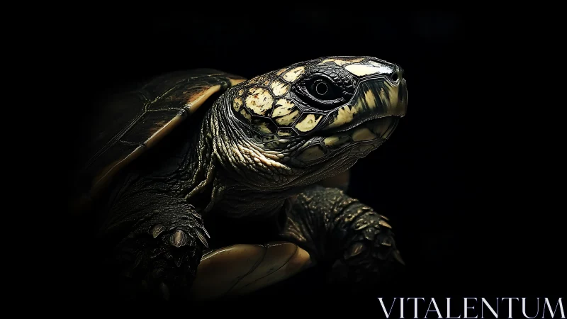 Brooding tortoise portrait in dramatic low key lighting.