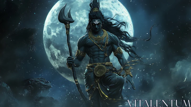 Blue-skinned warrior deity strides before oversized full moon