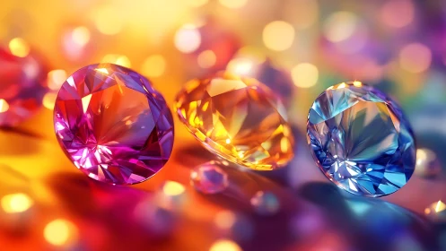 Prismatic jewel trio basking in bokeh-tinted stardust.