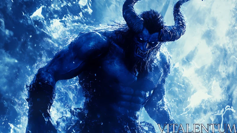 Frostbitten horned demon surges from a storm of blue fire.