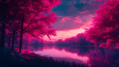 Infrared-style digital landscape depicts lake and trees at dusk