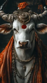 Sacred white cow crowned in marigold, draped in ember robes.