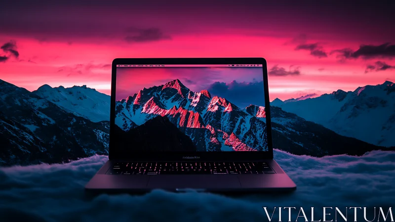Neon summit laptop dreaming in a candy-flare mountain dusk.