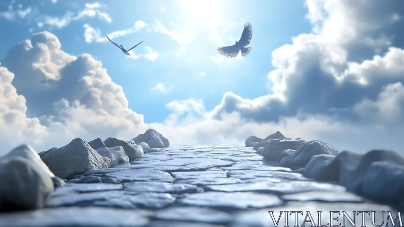 Stone sky path under soaring birds and glowing clouds.