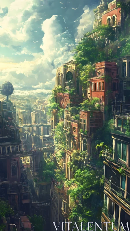 Sunlit sky city wrapped in lush green urban gardens.