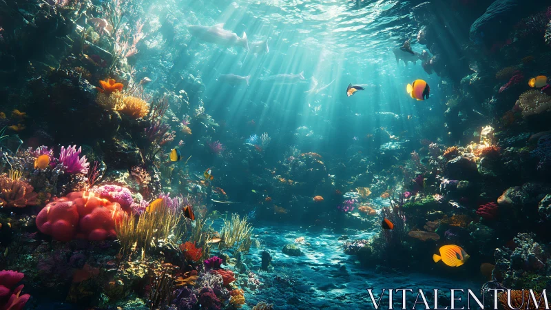 Vibrant coral reef under streaming sunlit ocean rays.