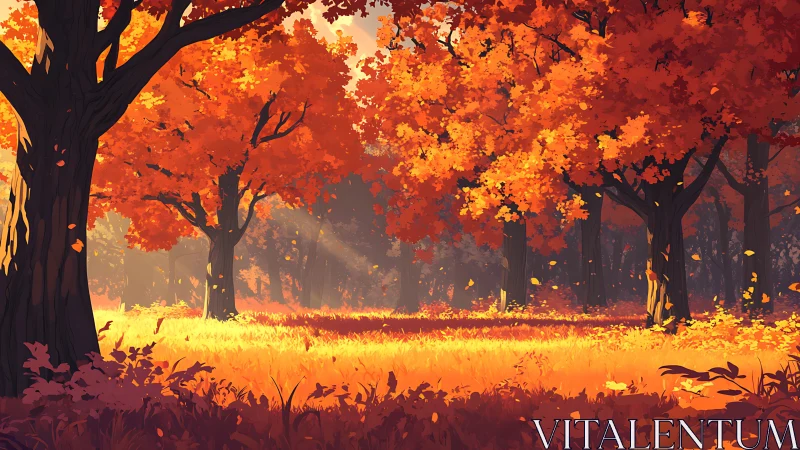 Autumnal Forest Ablaze with Luminous Foliage and Falling Leaves