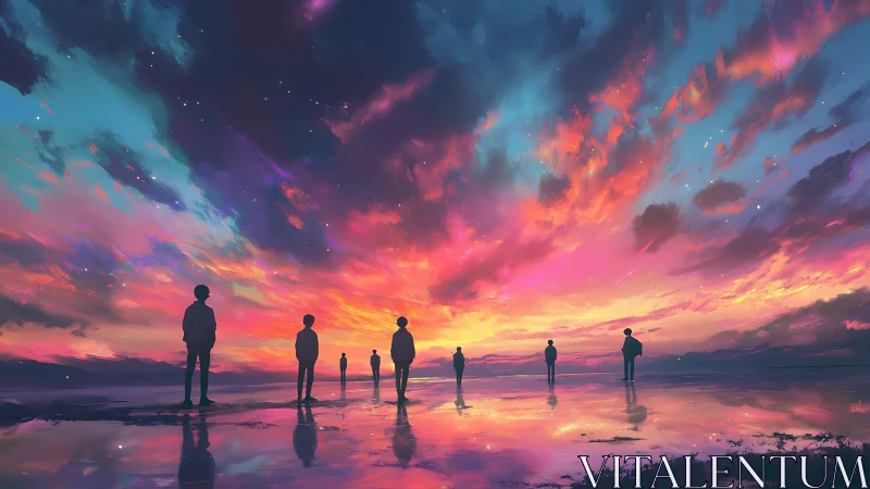 Stargazing silhouettes under a tidal sky of molten dawn.