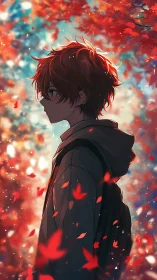 Profile of youth under autumn foliage in soft focus light.