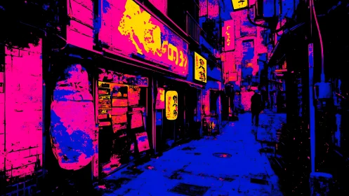 Neon-saturated urban alleyway rendered in high-contrast duotone palette
