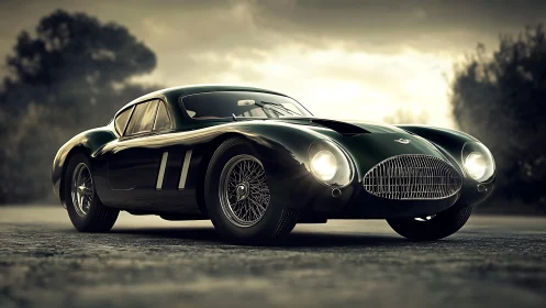 Vintage racing coupe glows against a moody twilight road