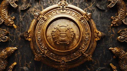 Golden circular emblem with ornate dragons and aged metal.