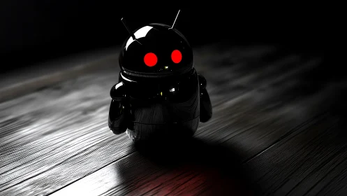 Glossy black robot figure stands on dim wooden surface