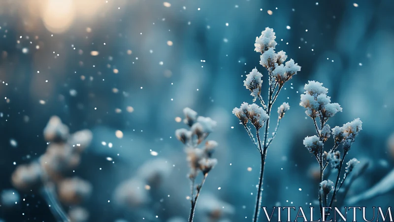 Frost-Encrusted Plant Stems Against Ethereal Winter Bokeh.