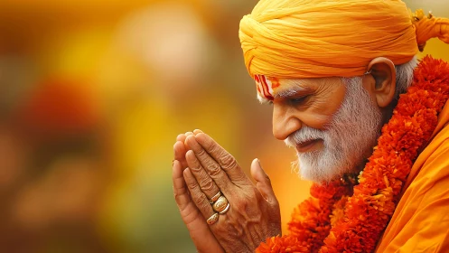 Devout elder in saffron robes with folded hands in prayer.