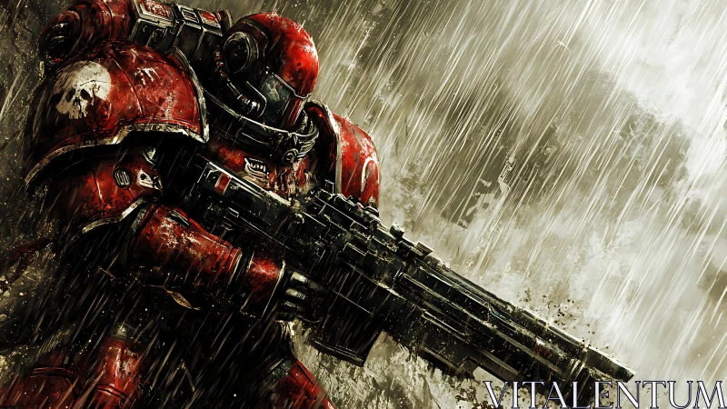 Armored space marine advances through relentless stormfire.