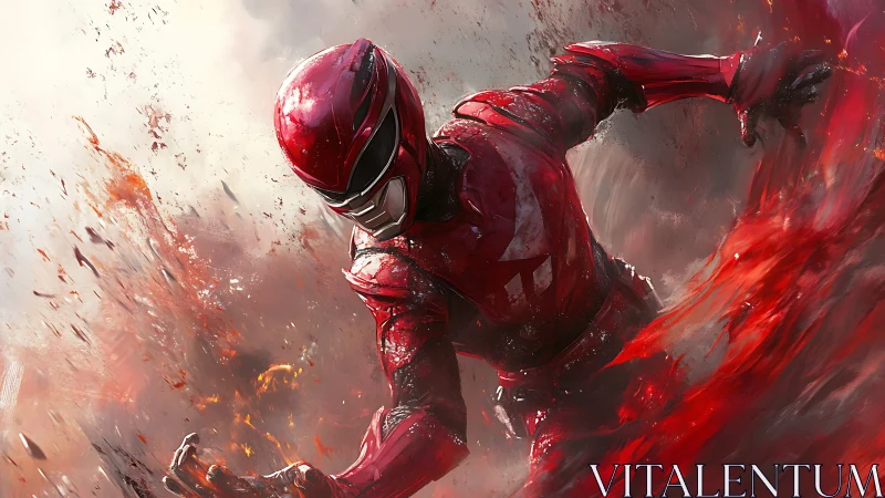 Armored red hero charging through explosive crimson energy.