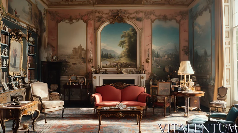 Photorealistic Rococo salon interior with ornate wall murals.