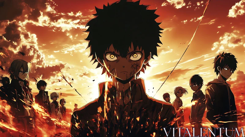 Intense anime leader stands before group in burning sunset