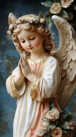 Praying angel statue with floral crown and soft pastels.