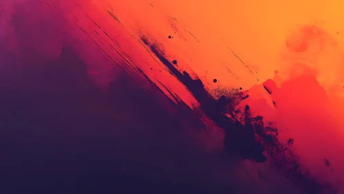 Vibrant abstract painting with bold orange and purple gradients.