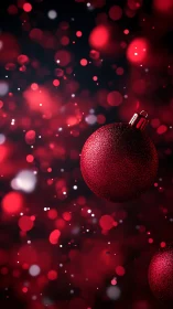 Granular red ornament in shallow-depth festive bokeh field.