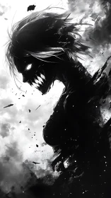 Monochrome demonic silhouette disintegrates into atmospheric ash