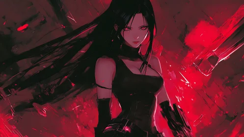 Dark-haired anime warrior stands amid violent crimson light.