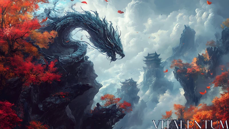 Mythic dragon coils above misty spires in saturated fantasy vista