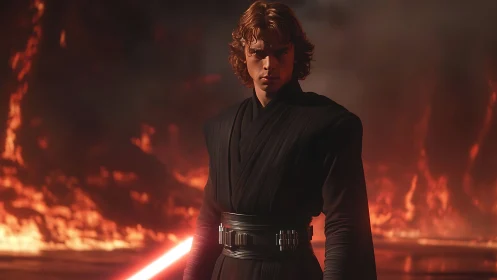 Storm-lit warrior carves calm from a river of molten fire