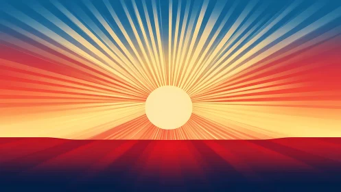 Radiant sunrise bursts over stylized horizon in bold color