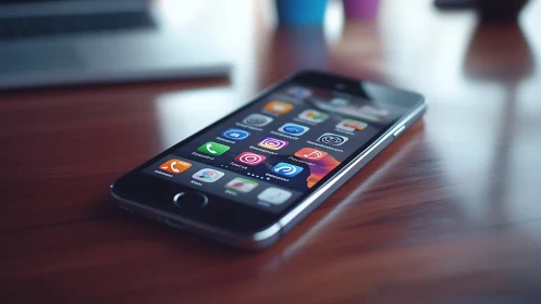 Black iPhone displaying home screen with social media app icons arranged in grid layout on wooden su