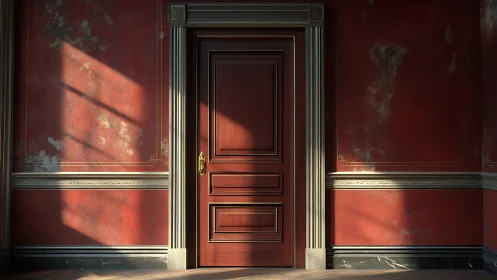 Sunlit red corridor door holding quiet, gilded secrets.