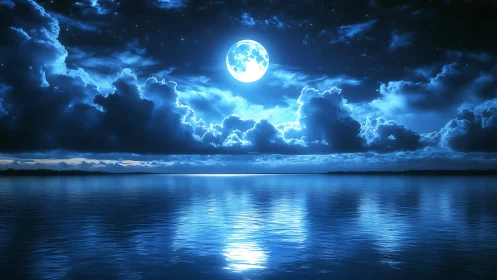 Moonlit ocean polishes drifting clouds into silver whispers