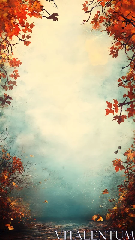 Autumn river mist opens a tranquil frame of golden leaves