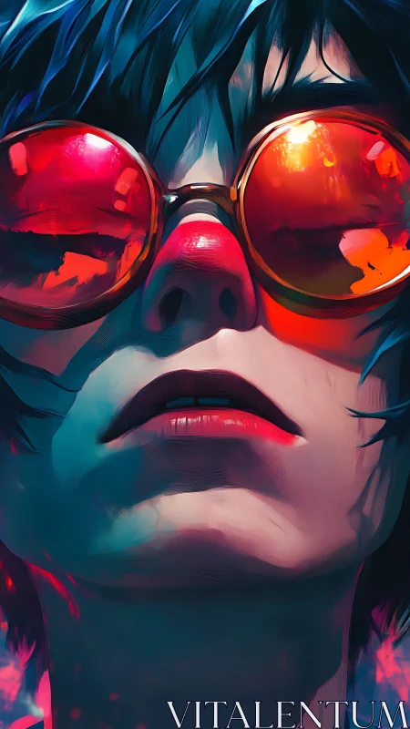 Chromatic close-up portrait with reflective neon lenses.