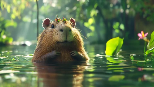 Capybara in reflective forest pool with floral crown adornment.
