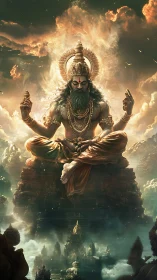 Divine sage in levitating lotus pose amid volumetric cloud light