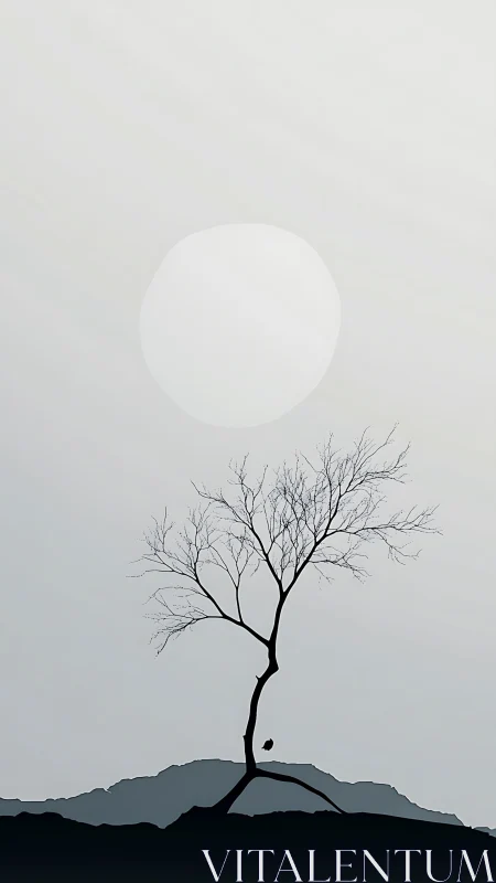 Solitary leafless tree silhouette before pale circular sun.