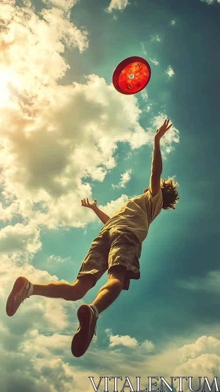 Person jumping outdoors reaching toward flying red disc.