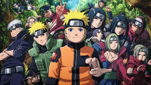 Group portrait of headbanded ninja characters in forest.
