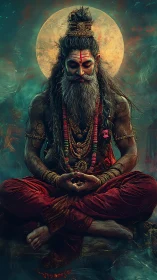 Mystic ascetic meditating before luminous full moon halo.