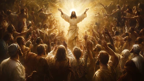 Radiant messiah rises amid worshipping golden lit crowd.