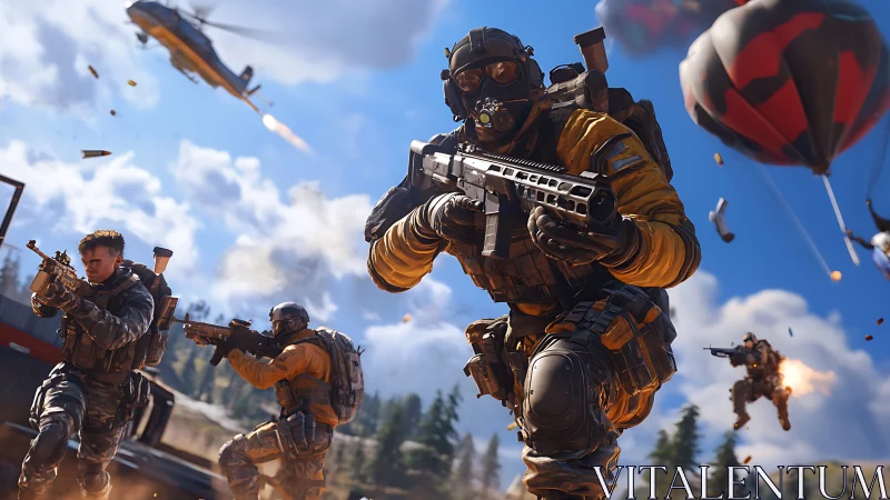 Tactical military squad advancing in open battlefield environment.