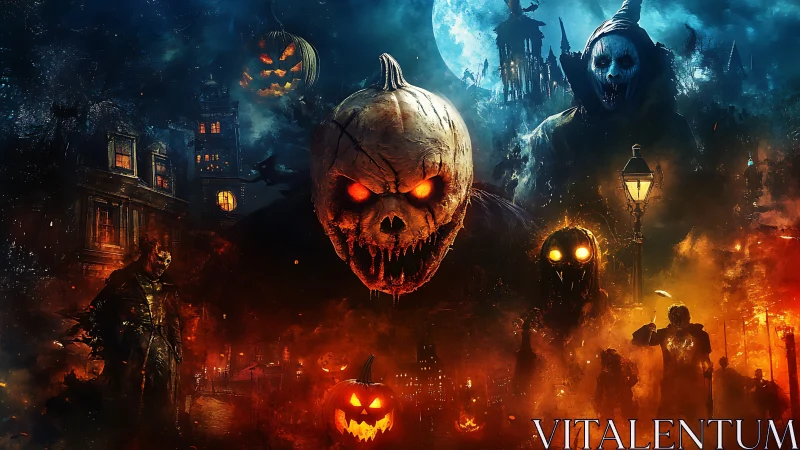 Sinister jack-o-lantern horde dominating infernal cityscape.