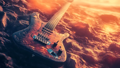 Electric guitar on rocky surface under warm light conditions.