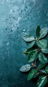 Glossy rubber plant leaves on teal wet textured surface.